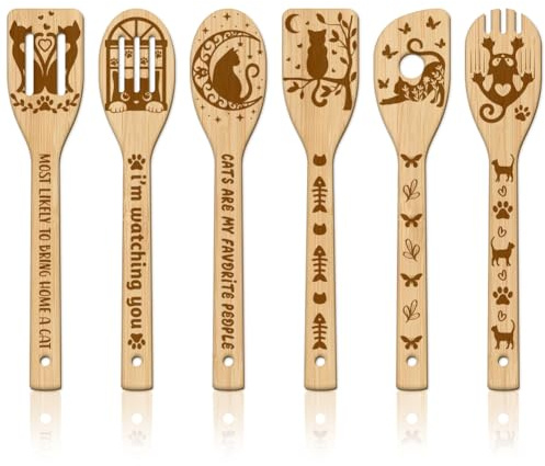 GLOBLELAND 6 Stück Katze Tiere Bambus Kochutensilien Magische Katze Holzgravur Kochlöffel Set Gravur Schnitzerei Küche Bambus Spatel Set Für Küche Housewarming Geschenk Mutter Freundin Frauen