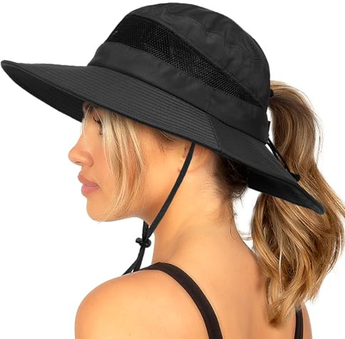 Bucket Sonnenhut für Damen, breite Krempe, atmungsaktives Netzgewebe, LSF 50+, Safari-Hut, überkreuztes Pferdeschwanzloch, Outdoor-Regenhut, Schwarz, Einheitsgröße