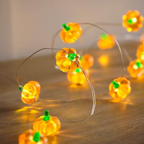 Lights4fun 20er LED Kürbis Lichterkette mit Timer Herbst Deko Indoor batteriebetrieb Halloween Deko Kinder