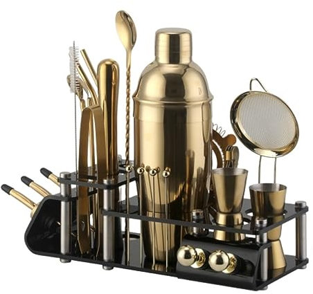 ASHSDI Kit de Coctelería Juego De Cócteles De 24 Uds, Mezclador De Coctelera Boston, Kit De Fabricación De Bebidas Inoxidable para Uso Doméstico En Bar Kit Cocktail Cocktail Set(Gold)