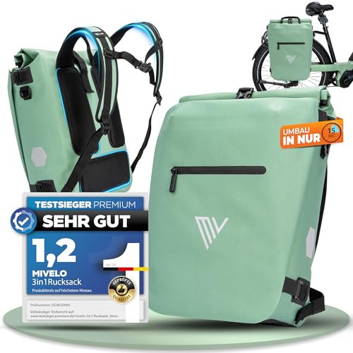 MIVELO 3in1 Fahrradtasche für Gepäckträger I Rucksack, Gepäckträgertasche hinten & Umhängetasche Fahrrad - In 15 Sekunden umgebaut I Bequemer Fahrradrucksack I 100% wasserdichte Tasche (Mint)