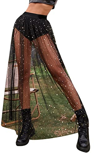 Festival Outfit Damen Rock 2 in 1 Transparent Mesh Shorts Rock Festival Glitzer High Waist Rock Rave Outfit Sexy Party Clubwear Glitzer Rock Damen Festival Outfit Damen Boho Maxirock