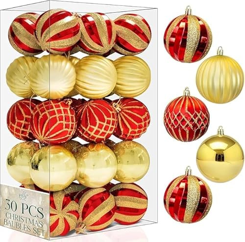 Pelle & Sol 30 Pcs Christmas Baubles Set 6cm / 2.36 inches - Decorations, Shatterproof Baubles for Christmas Tree Decorations, Lightweight Xmas Balls w/Easy to Hang String (Red & Gold)
