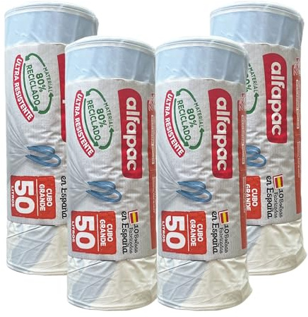80% recyclé, 4 rouleaux de 10 sacs poubelle (40 sacs) de 50 l, ultra résistants, triple couche, anti-fuite, fermeture automatique blancs