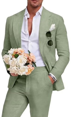 Aowdoy Men's Linen Suits Slim Fit Casual Lightweight Blazer Jacket and Pants Set for 2 Piece Summer Beach Wedding Suit Light Green L