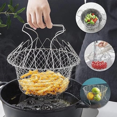 Foldable Wire Mesh Basket for Steaming, Rinsing, Straining, and Frying, Multi-Purpose