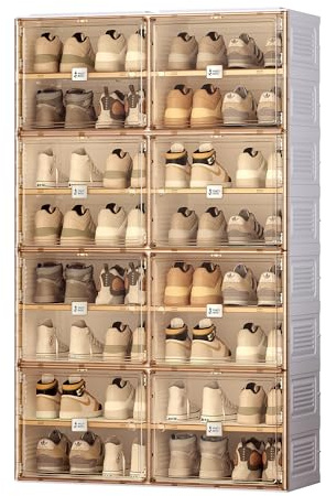 MAYIBOX klappbarer Schuhschrank,Transparente Schuhboxen, stapelbar, 8 Stück mit magnetischer Tür, für Stöckelschuhe, Stiefeletten, Pumps (2 Spalten 8 Schichten 36 Paar)