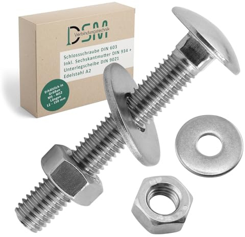 DSM – Tornillos M6 x 110 mm según DIN 603 – Incluye tuerca hexagonal M6 DIN 934 y arandela DIN 9021 – Acero inoxidable A2/V2A – Tornillos de cabeza redonda plana con cuello cuadrado – 5 unidades