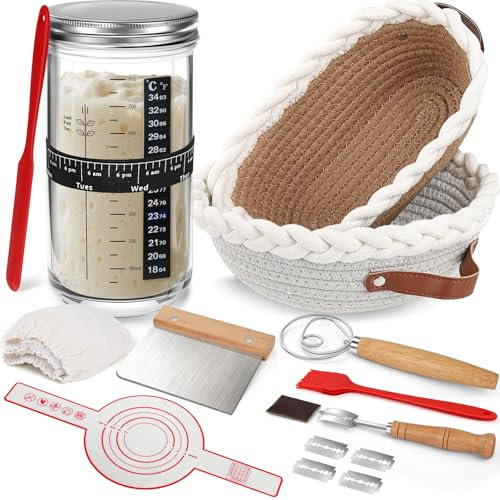 NZQXJXZ Sourdough Starter Kit, Cotton Rope Oval & Round Bread Banneton Proofing Basket with Liners, StarterJar & Scraper for Artisan Bread Baking, Sourdough Proofer Baking Supplies