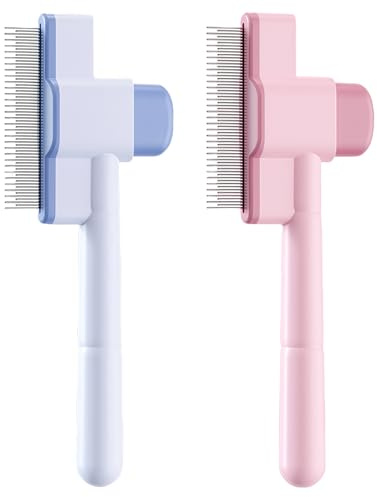 Mrltau 2 Pcs Cepillo Desenredante Autolimpiante para Gatos y Perros, Dientes de Acero Inoxidable, Largo y Corto, Peine para Gatos, Cepillo de Subpelo para Gatos, Cepillo para Pelo de Gatos (Azul +