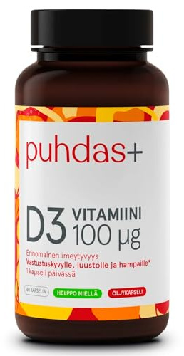 puhdas+ Vegan Vitamin D3 4000 IE | 100 µg | 60 Kapseln | Hochdosiertes Vitamin D3 aus Flechten (Vitashine) | Veganes Nahrungsergänzungsmittel | Hergestellt in Finnland