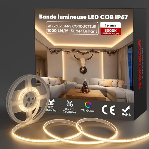 Shine Decor Bande Lumineuse à LED, AC 220V 230V Ruban LED, IP67 étanche, 432 leds/m Ultra Haute Luminosité Bande LED Certifié CE pour pour l'éclairage Décoratif Intérieur et Extérieur (Blanc Chaud,1m)