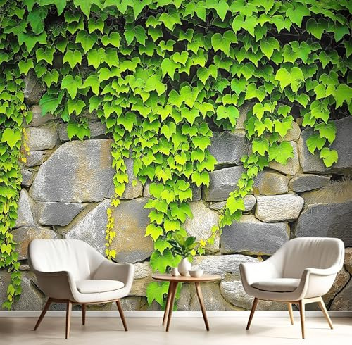 JEDTAKCT Papier Peint Motif Mur De Pierres De Lierre Tapisserie Panoramique Grand 3D Paysage Rural Vert Sauge Papier Peint Soie Pour Salon Chambre Chambre D'Enfant Décoration Murale, 200X140Cm