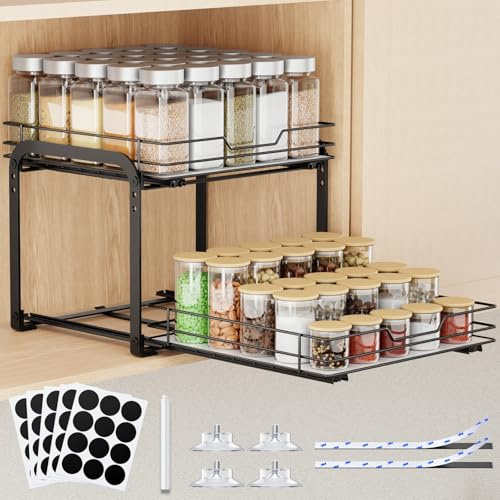 AHOMSEL Pull Out Spice Rack for Inside Cupboard, 2-Tier Metal Spice Rack with Adjustable Height, Heavy Duty Slide Out Spice Rack Organizer (23W X 26D X 23H cm)