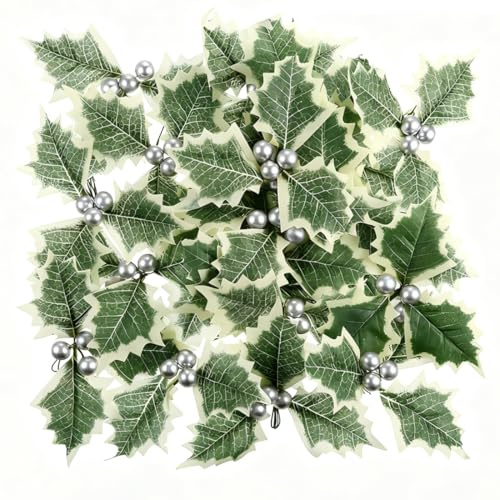 UZEXYO 30 Pcs Artificial Holly with Silver Berries and Variegated Leaves Christmas Picks Stems for Wreath Making Craft Decorations Floral Arrangement