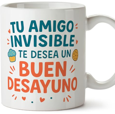 MUGFFINS Taza amigo invisible divertida con frase te desea un buen desayuno en Español | regalo amigo invisible gracioso | 330 Ml 11 oz | Microondas y lavavajillas | Am inv v2