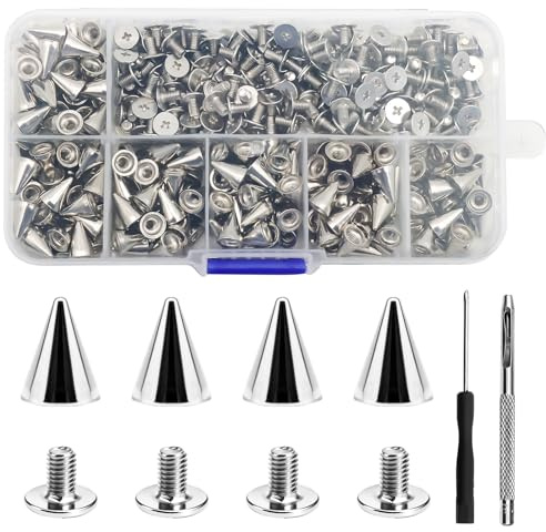 VEGCOO 200 Sets Cone Spikes Studs with Screwbacks, Metal Spikes Screw Back Punk Rivets Studs for Punk Spikes on DIY Crafts Leather Clothing Shoes Leather Bags, 7 x 10mm