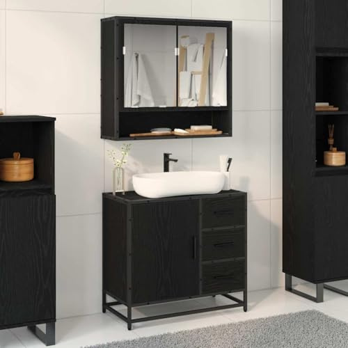 QZZCED Armadio per lavabo da bagno in rovere nero 65 x 33 x 60 cm, mobile da bagno industriale con stoccaggio moderno e stile urbano durevole