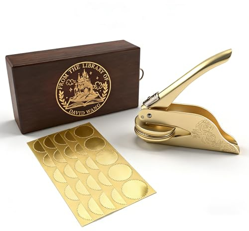Aiszil Prägestempel Personalisiert, Mit 100 Aufkleber, Buchpräger mit eigenem Logo, Messing, mit robustem Stahlgehäuse, für Bücher, Bibliothek, Hochzeit Einladung, Umschläge, Notarsiegel
