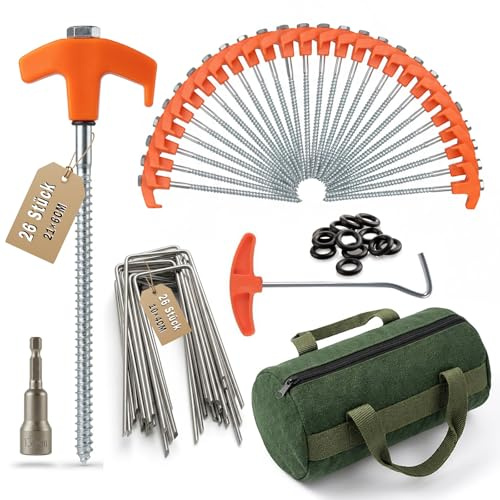 BJNCDIO 26x Schraubheringe & 26x Erdanker, aus Stahl Camping Zeltheringe Set mit Nagelzieher & 13 mm Steckschlüssel Bit, Heringe Erdnägel für harten Boden, Wald, Wiesen, Felsen, Robust & Rostfrei