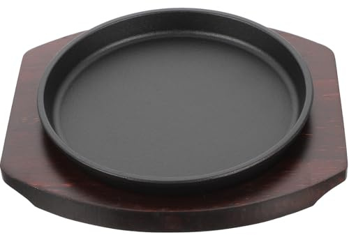 Hemobllo Plaque à Steak Ronde en Fonte Épaisse avec Plateau en Bois, Poêle Antiadhésive Cuisine Maison, Conductivité Thermique et Rangement Facile
