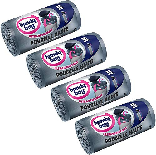 Handy Bag 4 Rollen von 10 Müllbeutel, 50 l, für Mülltonnen Höhen, Befestigung elastisch, Ultra strapazierfähig, auslaufsicher, 47 x 85 cm, Dunkelgrau, blickdicht