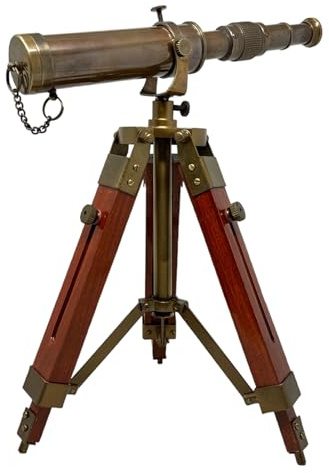 Brun antik mässing spyglas teleskop med skrivbord trästativ vintage marin omfattning jul och nyår dekorativt