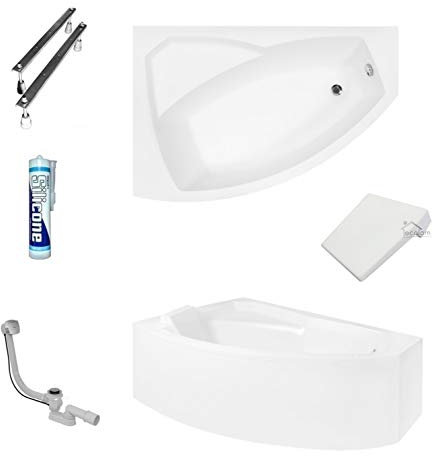 ECOLAM® Badewanne Eckbadewanne Acryl Rima weiß 170x110 cm LINKS + Kopfstütze + Schürze Ablaufgarnitur Ab- und Überlauf Automatik Füße Silikon Komplett-Set