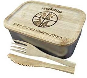 Edelstahl Lunchbox mit Holzdeckel, Besteck, Gummidichtung und Gravur - Jausendose Jausenbox Vesperdose Frühstücksbox Brotdose Brotzeidose (FEUERWEHR)