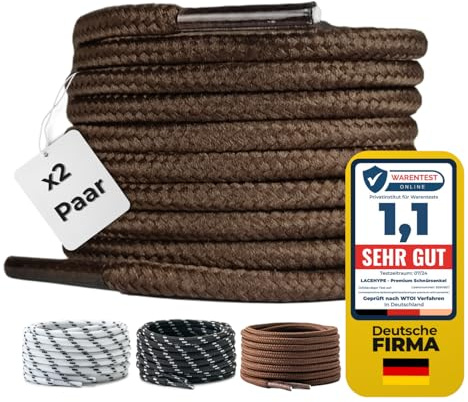 LaceHype 2 par – premium runda skosnören [Ø4,5 mm] polyester för arbetsskor, stövlar, utomhusskor och sportskor slitstarka skosnören, BRUN, 150 cm - 2 Paar