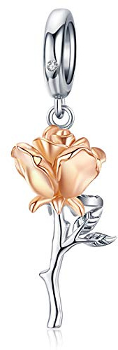 Qings Pendentif Fleur Rose en Argent Sterling 925, Charms Pendentif Fleur en Or Rose pour Bracelet