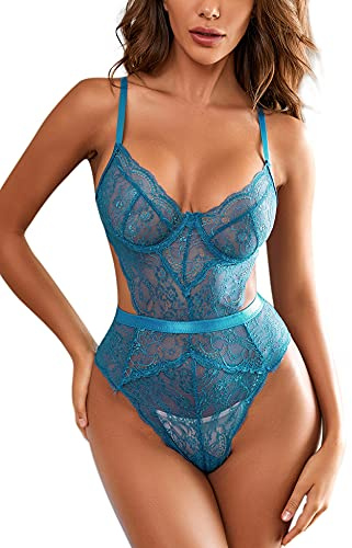 EVELIFE Bodysuit för kvinnor, sexiga underkläder, bh med bygel, overall, sexiga underkläder, negligé, spets, underkläder, babydoll, underkläder, Marinblå, M