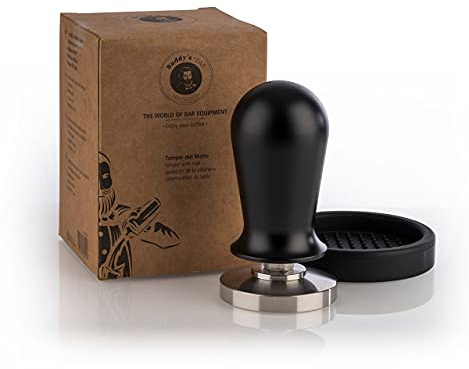 Buddy´s Bar - Barista Edition, premium tamper, kaffetätare Ø 51 mm bas, H: 10 cm, rostfritt stål, espressomämpel för 51 mm portagare, kaffeampare med silikonmatta, svart handtag