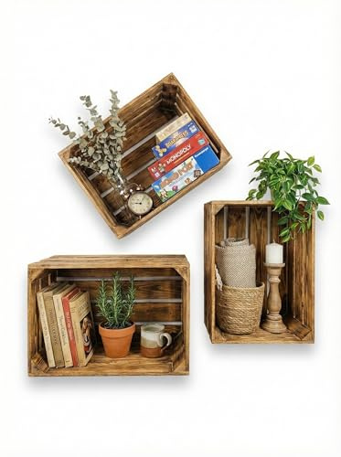 Teramico 3er Set Holzkiste Weinkiste Obstkiste GEFLAMMT 40cm x 30cm x 25cm -mit Zwischenboden- als Regal und Deko (3er Set ohne Boden)