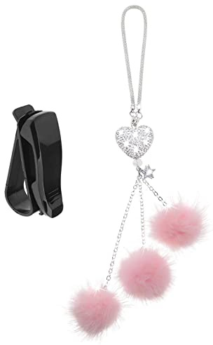 VGOL Herzförmiger Autospiegel-Anhänger für Frauen Damen mit 1 Stück Brillenclip Auto Spiegel Hängen Anhänger mit Rosa Plüsch Bällen mit 1 Stück Brillenhalter
