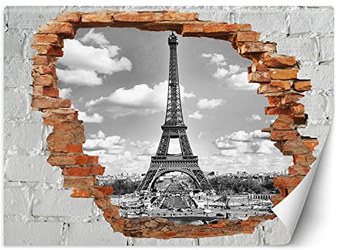 Feeby Papier Peint Intissé 3D Ville Trou dans le mur 350x245 cm noir et blanc Moderne Décoration Murale Tableaux Muraux Déco Tapisserie pour Salon Chambre à coucher Bureau Paris Tour Eiffel