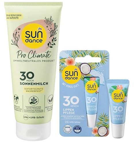 SUNDANCE 2er-Set Sonnenschutz: Sonnenmilch PRO CLIMATE Sofortschutz vegane Feuchtigkeitspflege ohne Duftstoffe & Octocrylene, LSF 30 HOCH (200 ml) + Lippenpflege KOKOS LSF 30 (10 ml), 160 ml