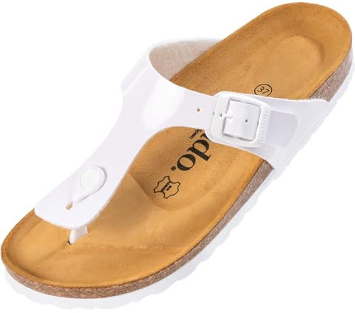 Palado Zehentrenner Damen Kos Lack – gefertigt in Spanien – glänzende Lack-Optik – weiches Veloursleder-Fußbett – dein idealer Sommerbegleiter Weiß/Weiß UK7 - EU40