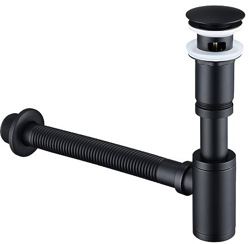 HOMELODY Design Siphon mit Pop Up Ventil Ablaufgarnitur für Waschbecken Schwarz Matt, Universal Messing Siphon, Waschbecken Stöpsel，Geruchsverschluss mit Reinigungsöffnung