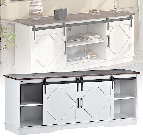 Kubeier Meuble TV Vintage Lowboard 150 cm pour Téléviseurs 55-65 Pouces, Bois avec Portes Coulissantes et Étagère Réglable, Console Multimédia, Marron Vintage, Blanc