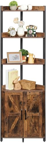 HOOBRO Corner Shelf with Storage, Tall Corner Cabinet, 5-Tier Bookshelf Stand, Storage Cabinet with Protective Fence, for Living Room, Rustic Brown and Black BF78CJ01