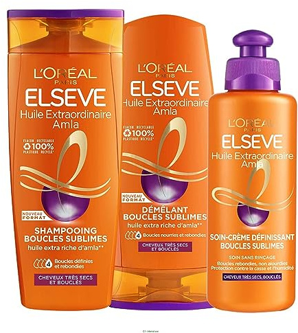 L'ORÉAL PARIS - Haarpflege-Routine – lockiges und sehr trockenes Haar – nährende und pralle Locken – angereichert mit extra reichhaltigem Amla-Öl – 3 Produkte – Shampoo + Entwirrung + Pflege – Elseve