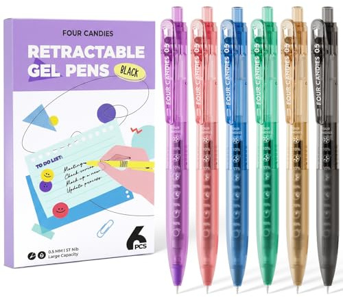 Four Candies 12 Stück 0,5 mm schwarze Tinte, schnell trocknendes, einziehbares Gelstift-Set, niedliche, transparente Pastell Gelstifte mit feiner, Schreiben, Schule, Büro (schwarz)