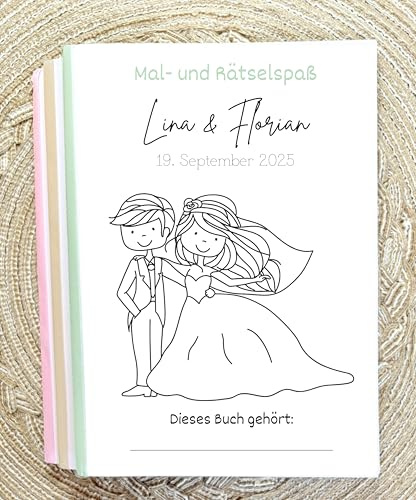 Hochzeitsmalbuch Kinder personalisiert – Set 1/3/5/8/10 Stück – mit Namen & Datum Brautpaar – 24 Seiten Ausmalbilder, Rätsel & Spiele – DIN A5 – mit Buntstiften/Seifenblasen optional
