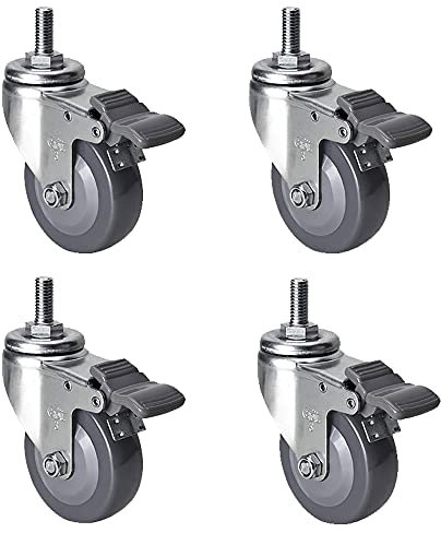 4 Stück Lenkrollen 3/4 Zoll, Lenkrolle mit Bremse, Gewindeschaftrolle M12, Lenkrollen PU, Möbelrad für Stuhl/Babybett. (Mit Bremse 3 Zoll)