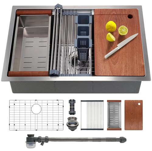 SANYCASA 33 Inch Undermount Kitchen Sink with Quiet Drain - 11 Gauge Stainless Steel Sink Single Bowl - Multifunctional Handmade Modern Integrated Ledge Workstation