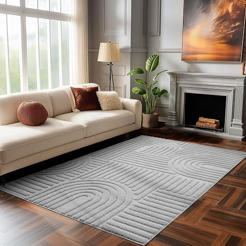 HomebyHome Kurzflor Teppich 140x200 cm Silber Hoch-Tief 3D - Waschbar, Flauschig, Extra Weich für Wohn-, Schlaf-, Ess- und Küchenraum - Skandinavisch Boho Muster