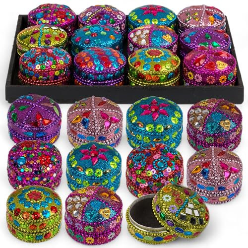 MIJOMA 12er Set orientalische Schmuckdose – Bunte Aluminium Schmuckdöschen mit Glitzer und Pailletten, Ø4,5cm x H3,5cm, perfekte Geschenkdosen
