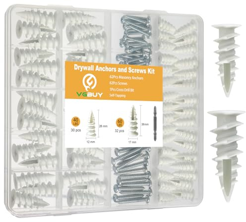 VGBUY Drywall Anchors and Screws kit Heavy Duty,124Pcs Screws and Plastic Wall Anchors for Drywall,Holds Up to 50lbs,Mounting Morrirs,Pictures,Drywall,Sheetrock,Hollow Wall,Plaster Wall