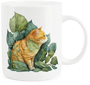 Purely Home Ginger Cat Mug - Green Leaves Pet Gift for Cat Lovers - Tea/Coffee Bone China Cup Present